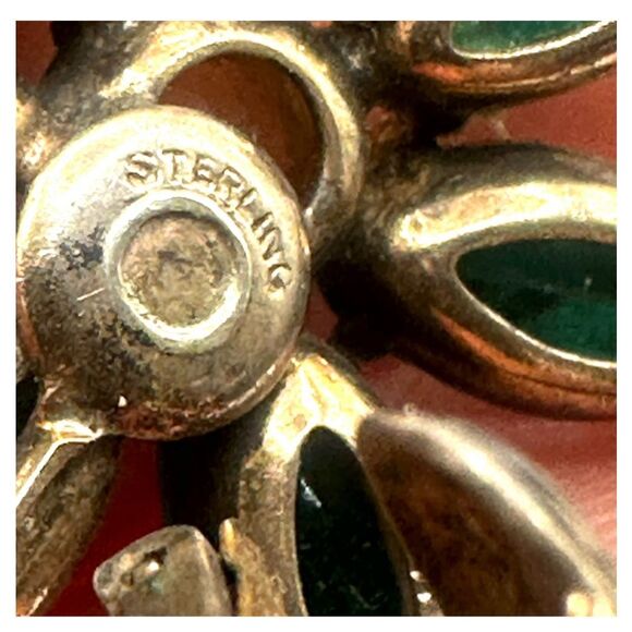 Vintage Sterling Silver Green & Yellow Glass Flower Clip-On Earrings - Picture 6 of 7